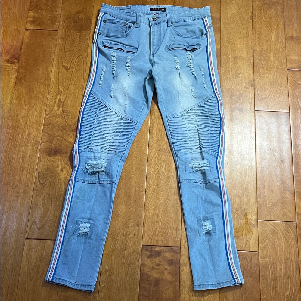 M. Society Moto Skinny Distressed Jeans Size 34 x 42 Streetwear Stretch Slim